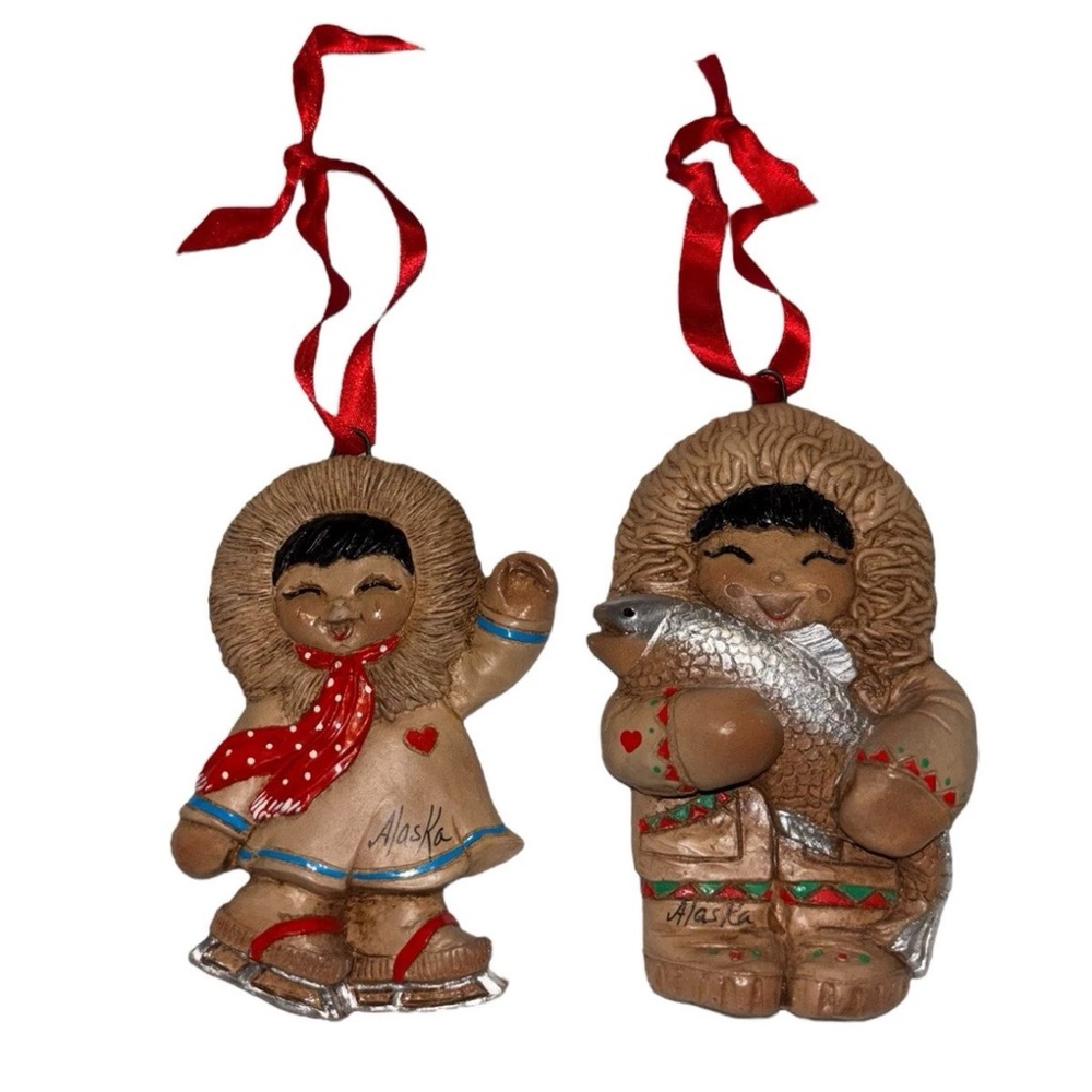 Lot Of 2 Vintage Eski Moppets Christmas Ornaments Alaskan Hand Painted 1989/1992